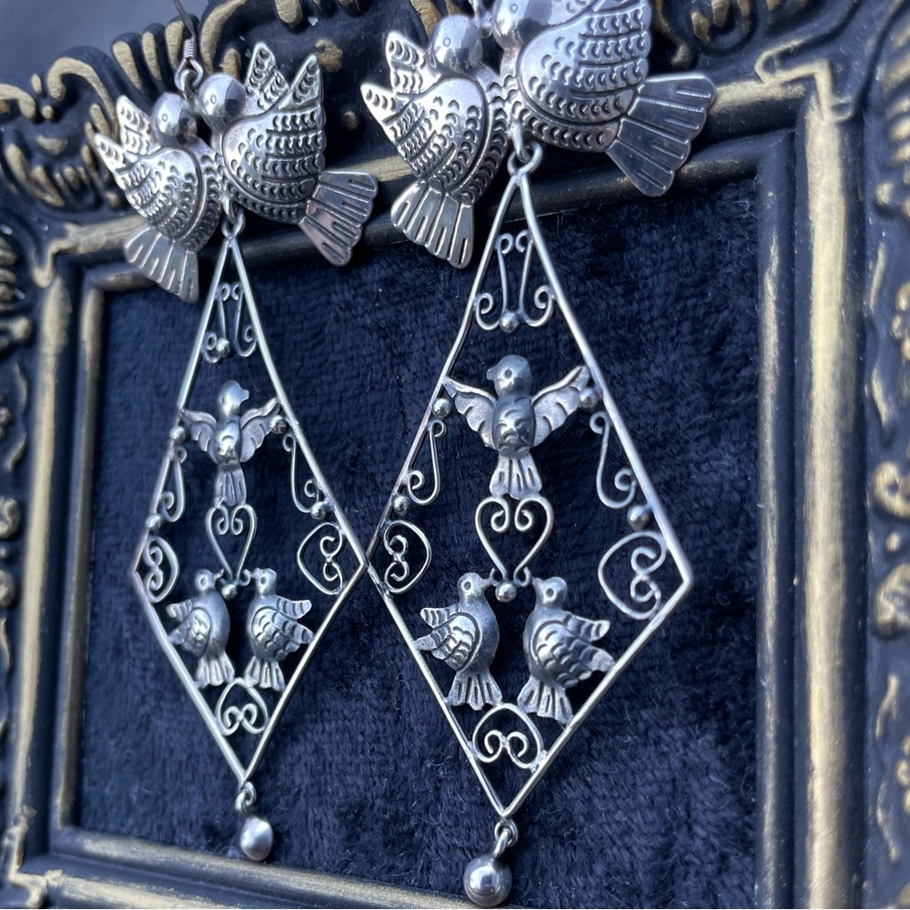 Mexican Sterling Silver Filigree Bird Earrings 925 - Picture 7 of 7